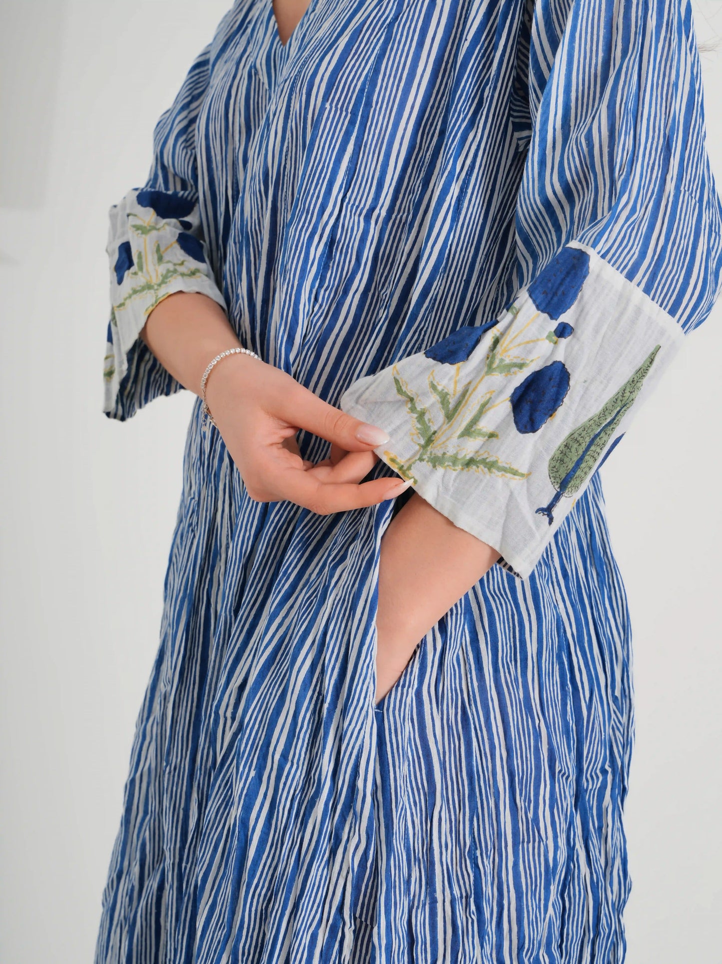 MEVLANA V NECK ELBİSE ÇİZGİLİ MAVİ D23-16E