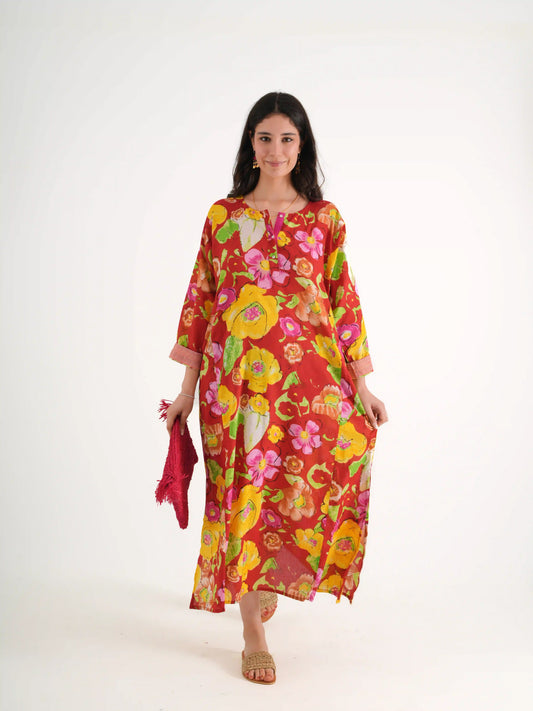 DESENLİ KAFTAN ELBİSE KOYU KIRMIZI D18-04B
