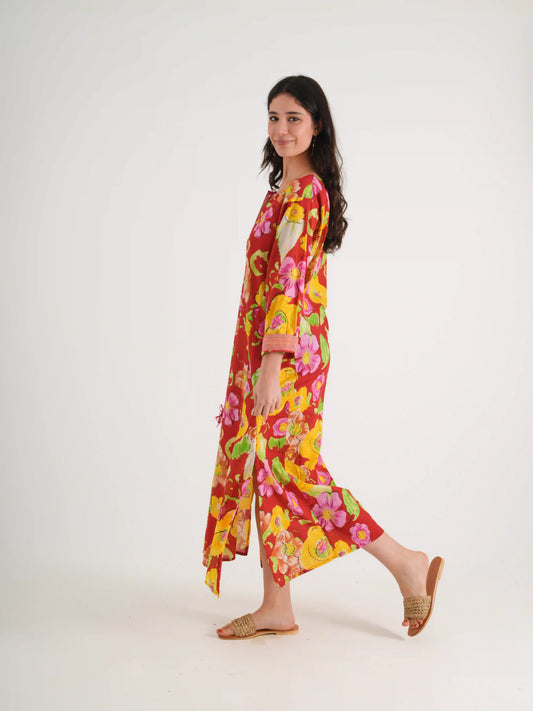 DESENLİ KAFTAN ELBİSE KOYU KIRMIZI D18-04B