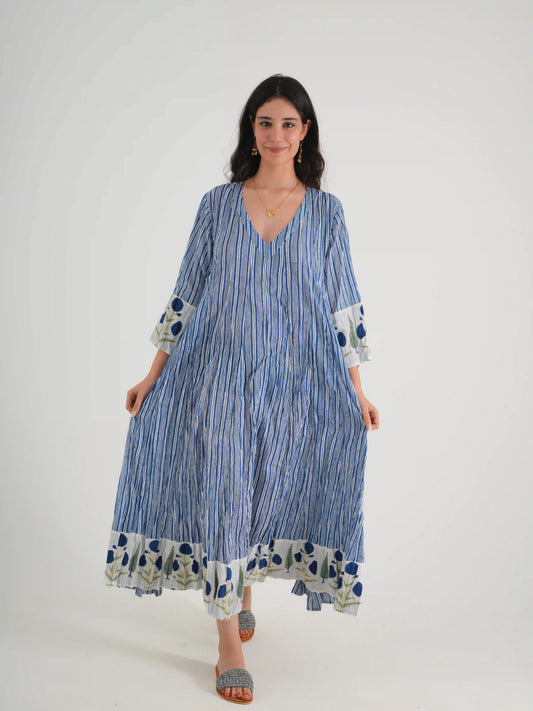 MEVLANA V NECK ELBİSE ÇİZGİLİ MAVİ D23-16E