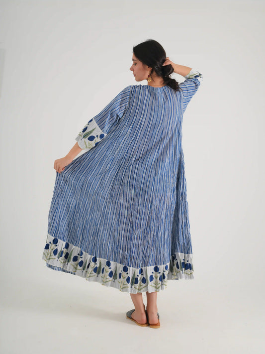 MEVLANA V NECK ELBİSE ÇİZGİLİ MAVİ D23-16E