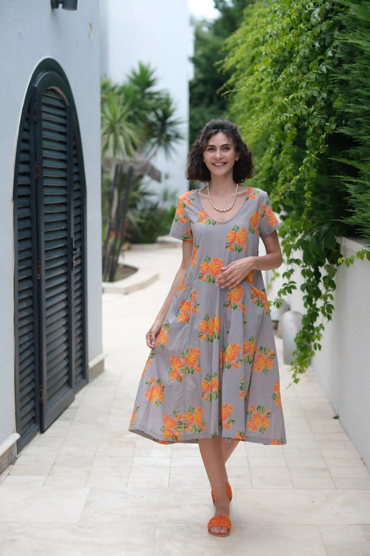 MIRA ELBİSE GRİ SARI GÜLLÜ NM23-05C