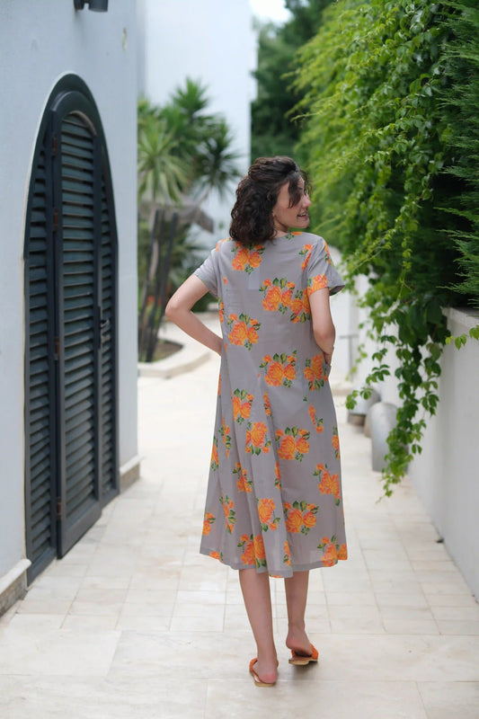 MIRA ELBİSE GRİ SARI GÜLLÜ NM23-05C